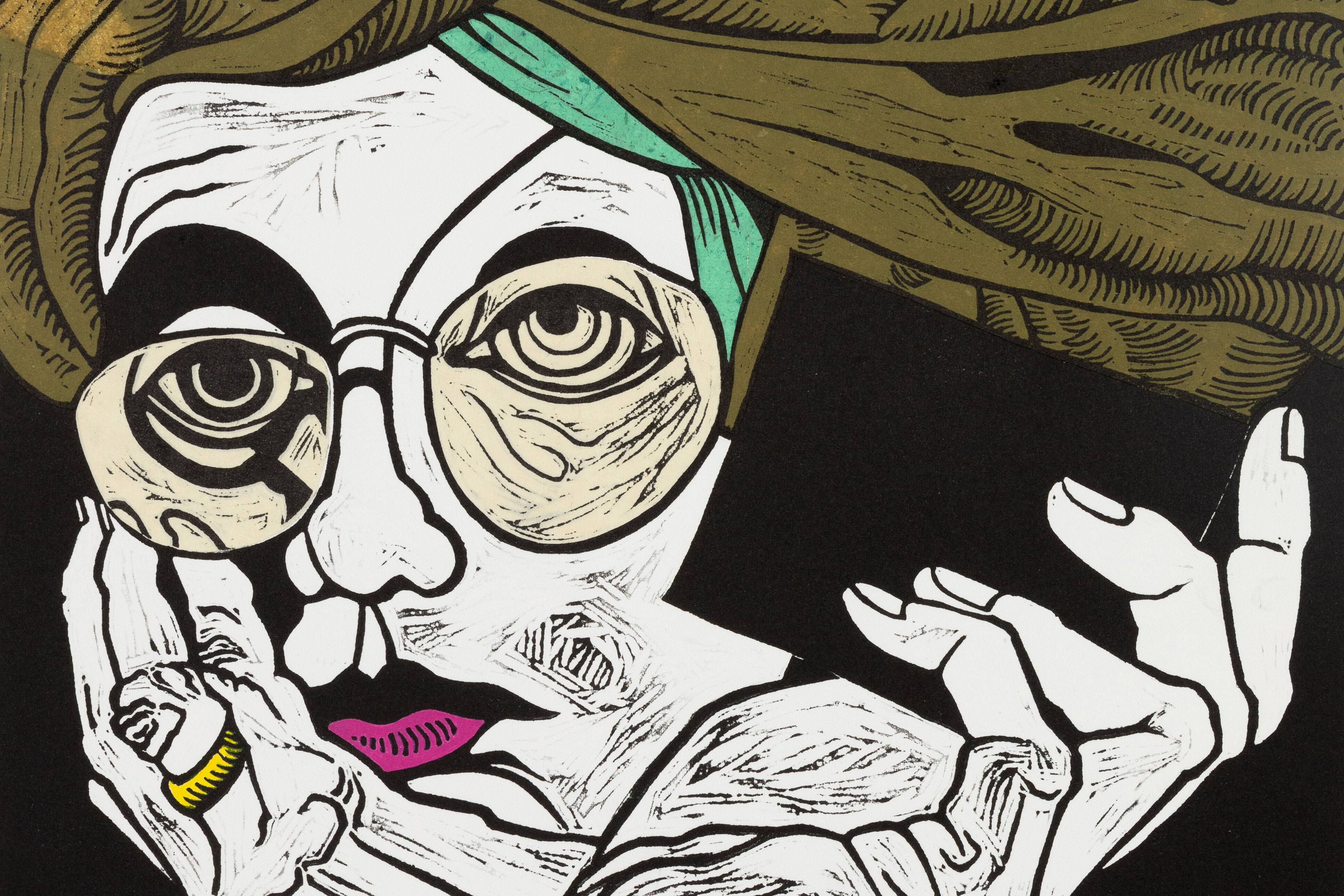 A self portrait by Loris Button called Irrepressible Me. Linocut, collage and hand-colouring.