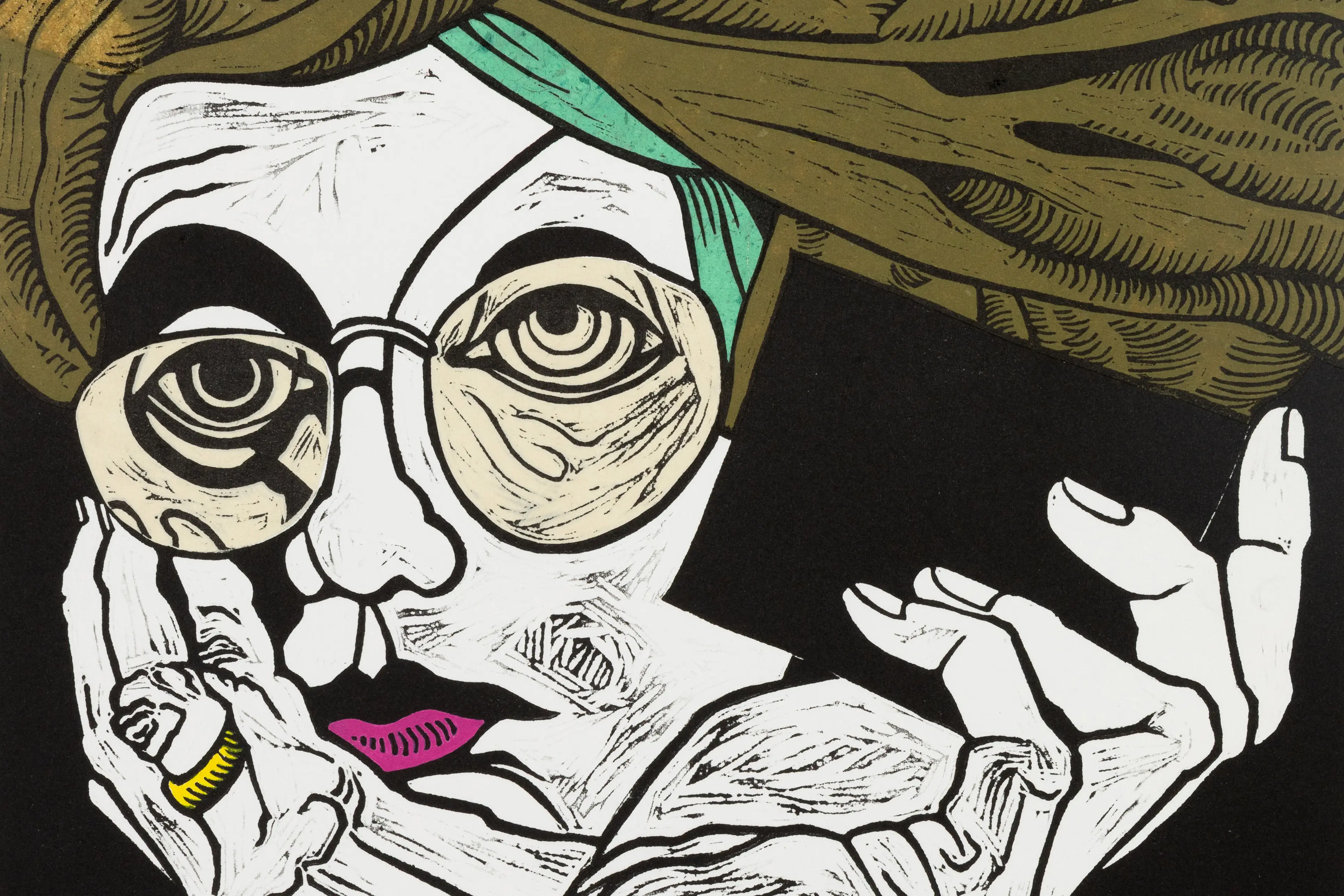 A self portrait by Loris Button called Irrepressible Me. Linocut, collage and hand-colouring.