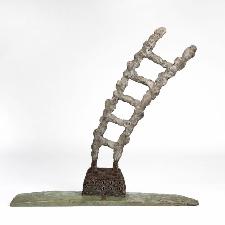 a bronze sculpture by Dean Bowen – 'Ladder to the Stars' made in 2020 (Bronze Unique Cast 46.5 X 47 X 10.5 cm) of a house with smoke coming out of the chimney forming the shape of a ladder.