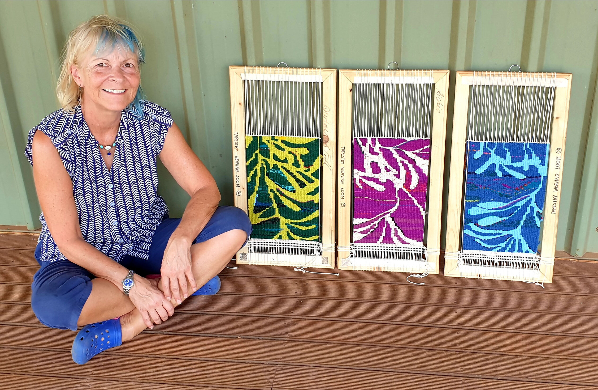 Flossie Peitsch with tapestry weavings