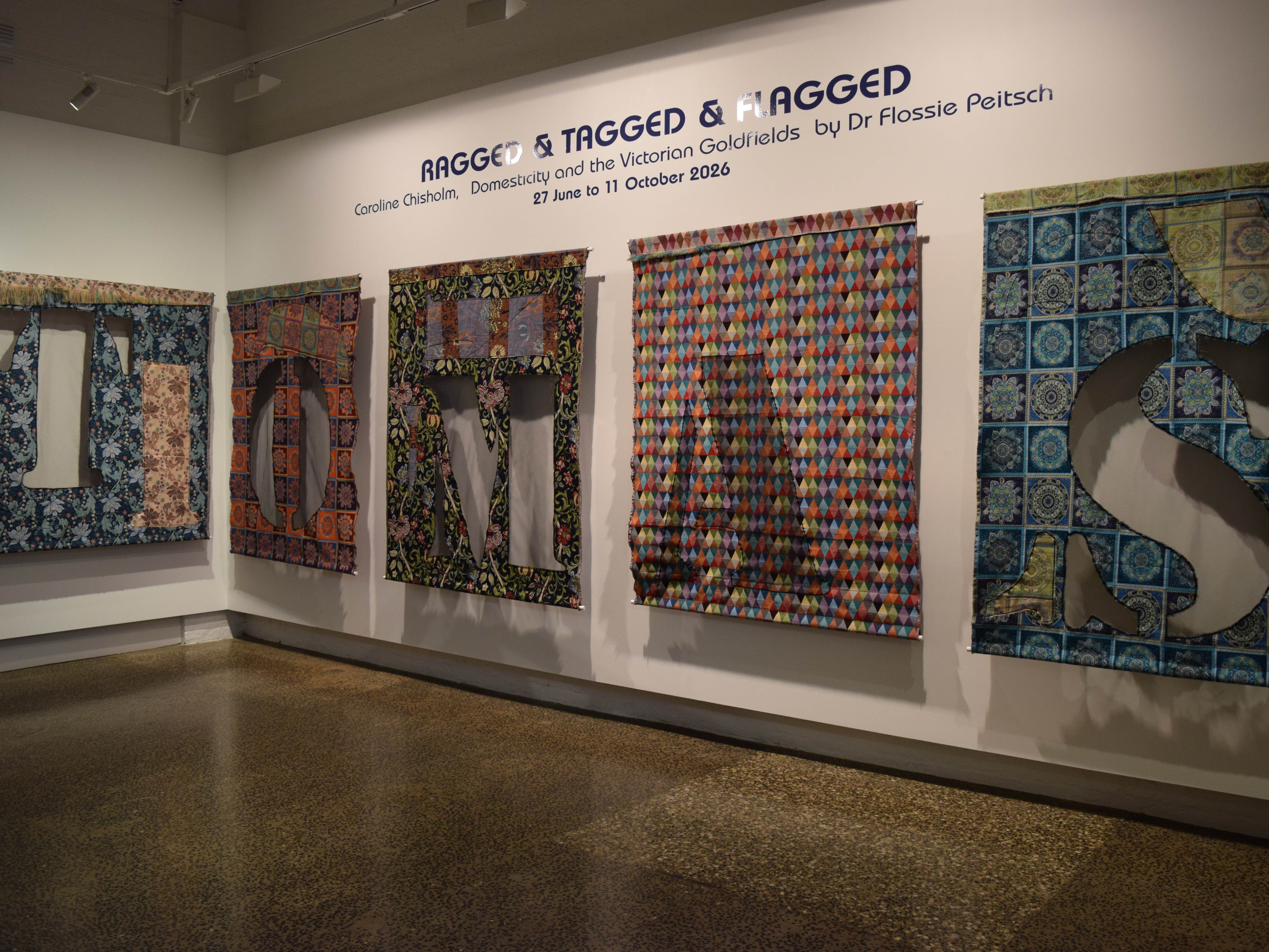 IMage of part of the exhibition installation for RAGGED & TAGGGED & FLAGGED by Dr Flossie Peitsch