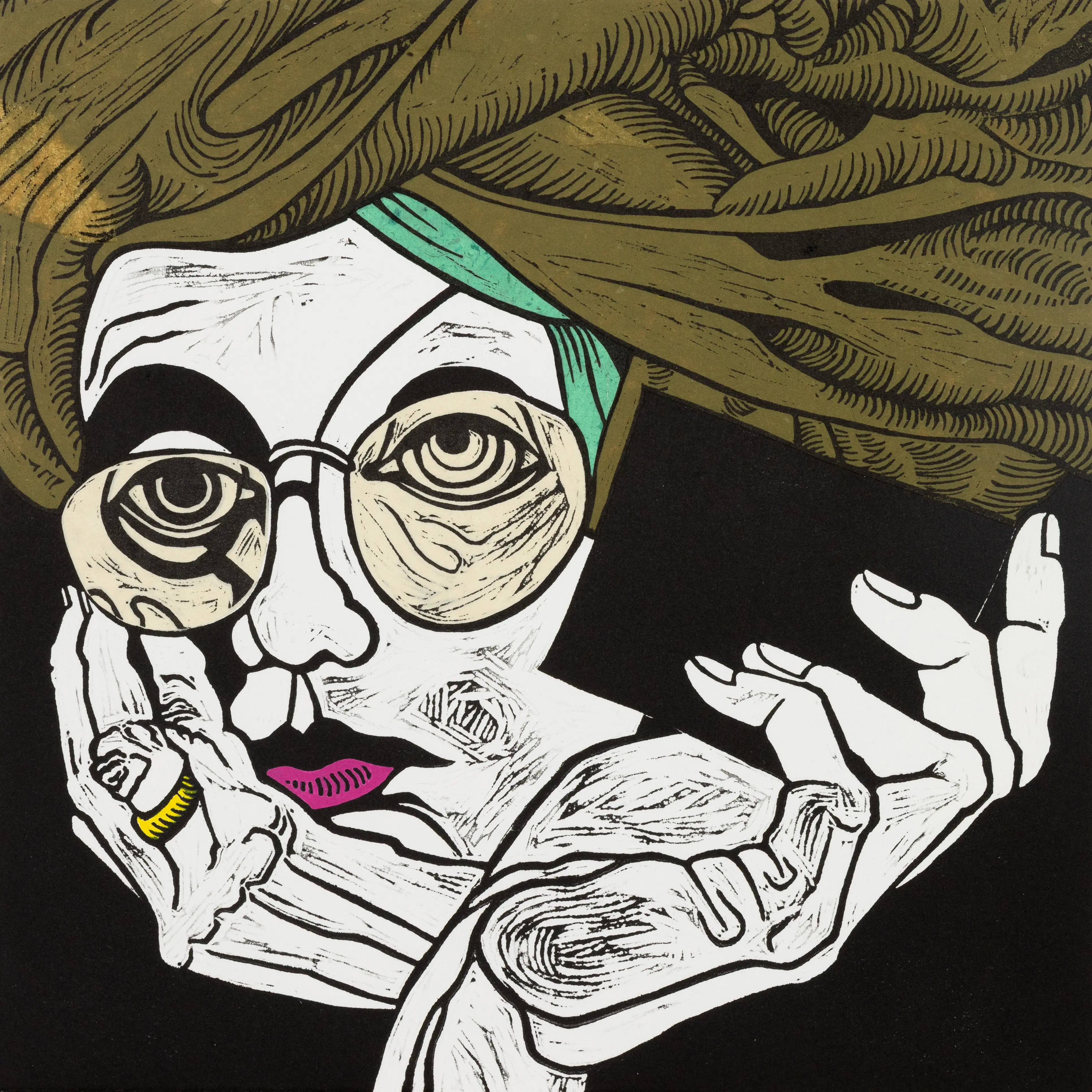 A self portrait by Loris Button called Irrepressible Me. Linocut, collage and hand-colouring.