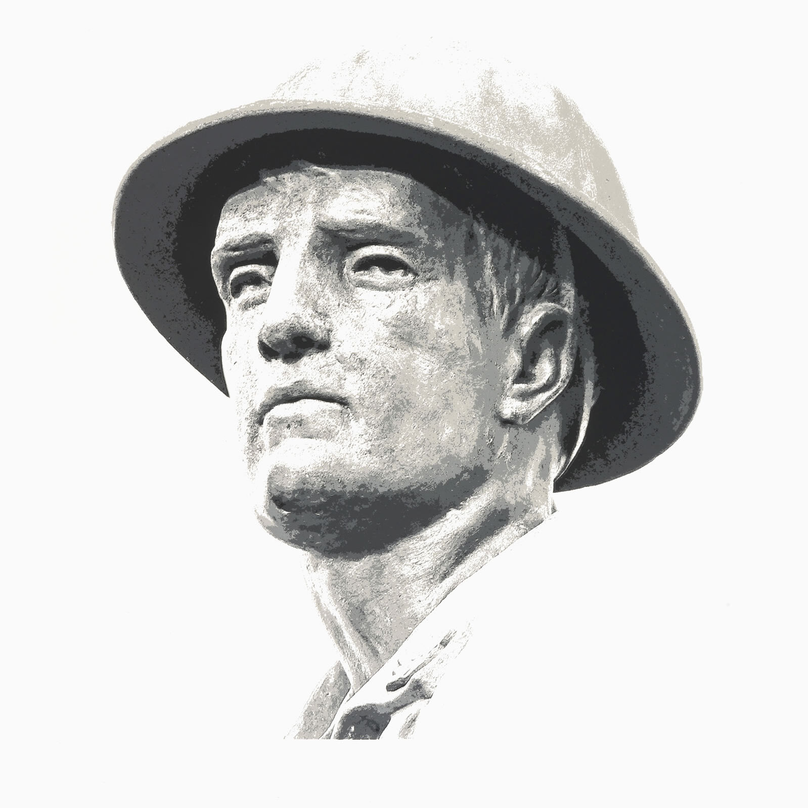 One of Clayton Tremlett's artworks from his 'Immortals' series of prints, an image of the head of the Maryborough War Memorial statue