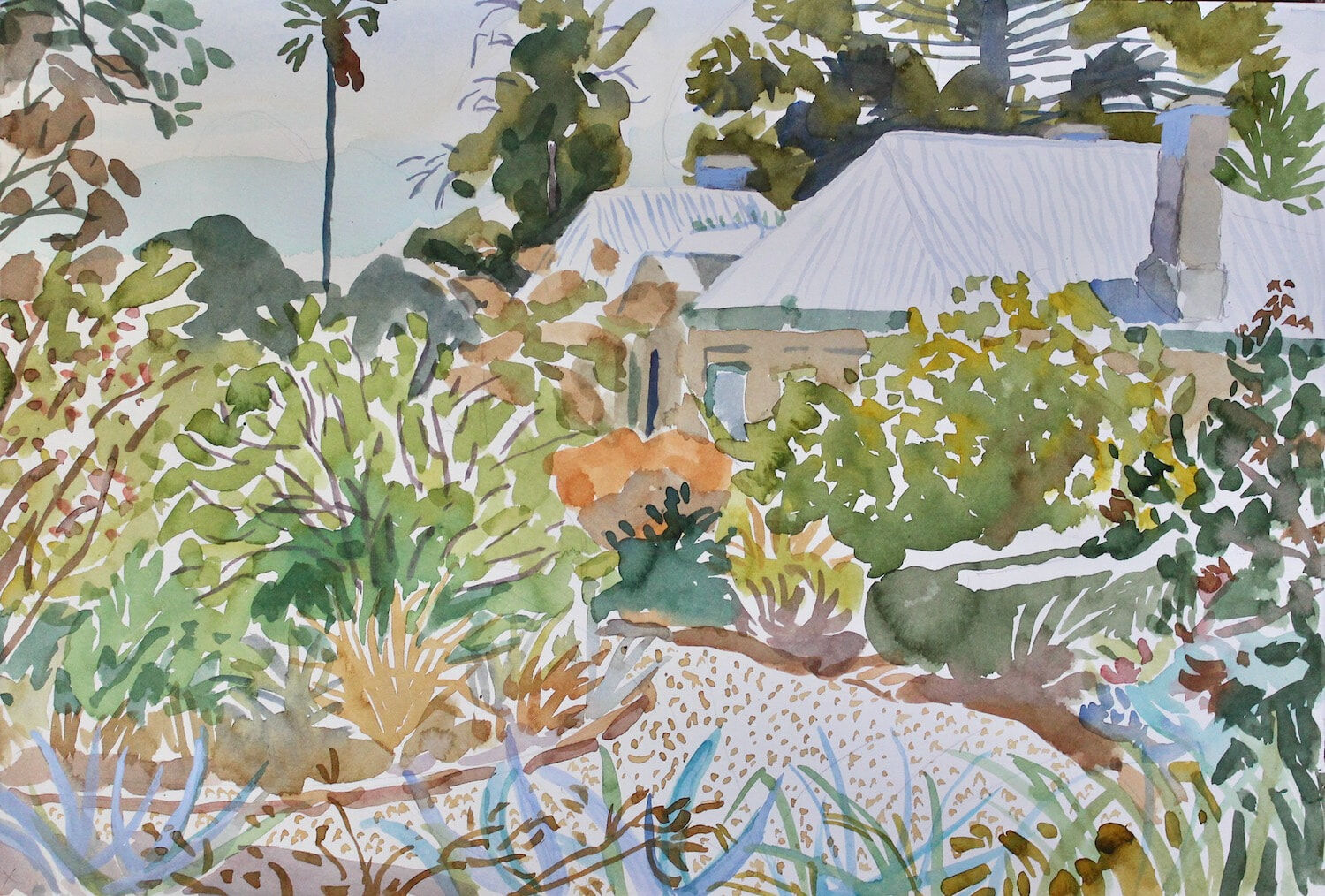 Mark Dober, Garden at Buda, watercolour, 38 x 56 cm, 2023