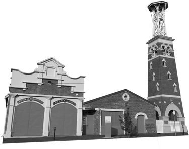Black and white photo of the facade of the old fire station which is now the Ccentral Goldfields Art Gallery taken before the 2022 redevelopment