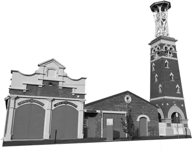 Black and white photo of the facade of the old fire station which is now the Ccentral Goldfields Art Gallery taken before the 2022 redevelopment